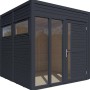 Modernes, anthrazitfarbenes Bertilo Holz-Gartenhaus Cubus 2 Office mit Fenster und Tür.