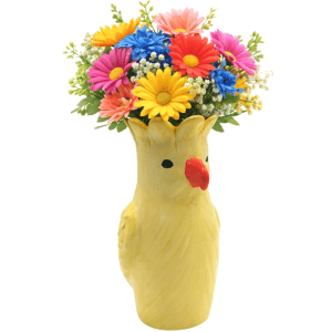 Dekohelden24 XL Dekovase Blumenvase Keramikvase Vase mit Papagei Dekor aus Keramik mit Orangen Schnabel in Gelb L/B/H 13 x 13 x 25 cm