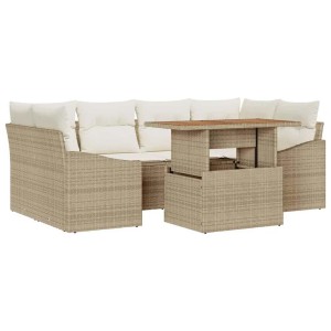 Beige vidaXL Garten Essgruppe mit Tisch und Polyrattan-Sitzgruppe mit Kissen.