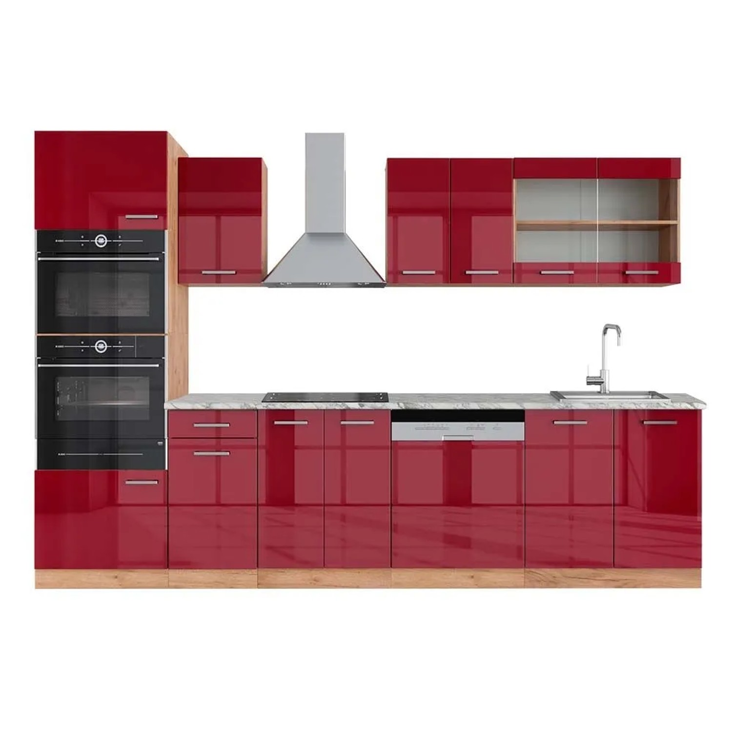 Vicco R-Line Küchenzeile Bordeaux Hochglanz Goldkraft Eiche 300 cm mit HochschrankAP Marmor ohne E-Geräte