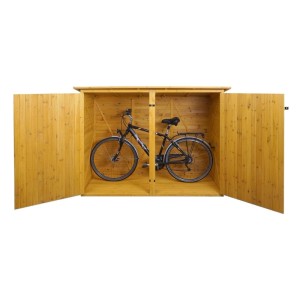 Braune PROREGAL Fahrradgarage aus Holz mit geöffneten Türen und Fahrrad im Inneren.