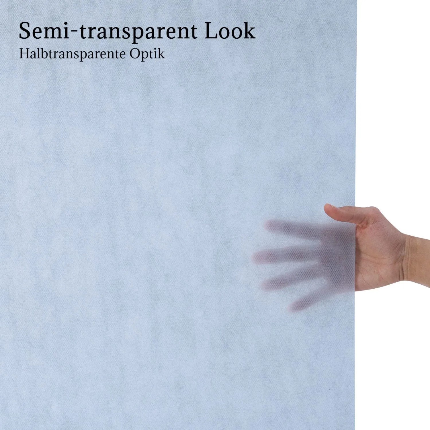 Weiße Vlies Tischdeckenrolle, halbtransparent, mit Hand zur Demonstration der Optik. Für flexible Tischdekoration.