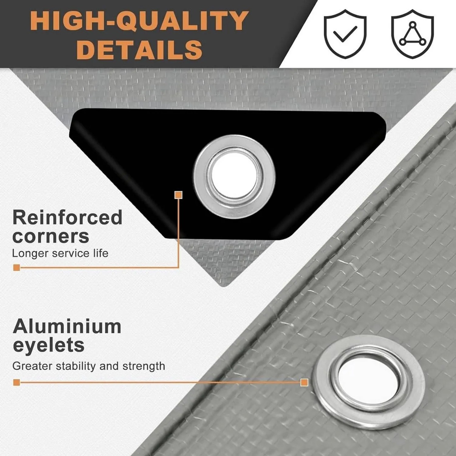 Detailaufnahme: Graue WOLTU Abdeckplane mit verstärkten Ecken und Aluminiumösen.