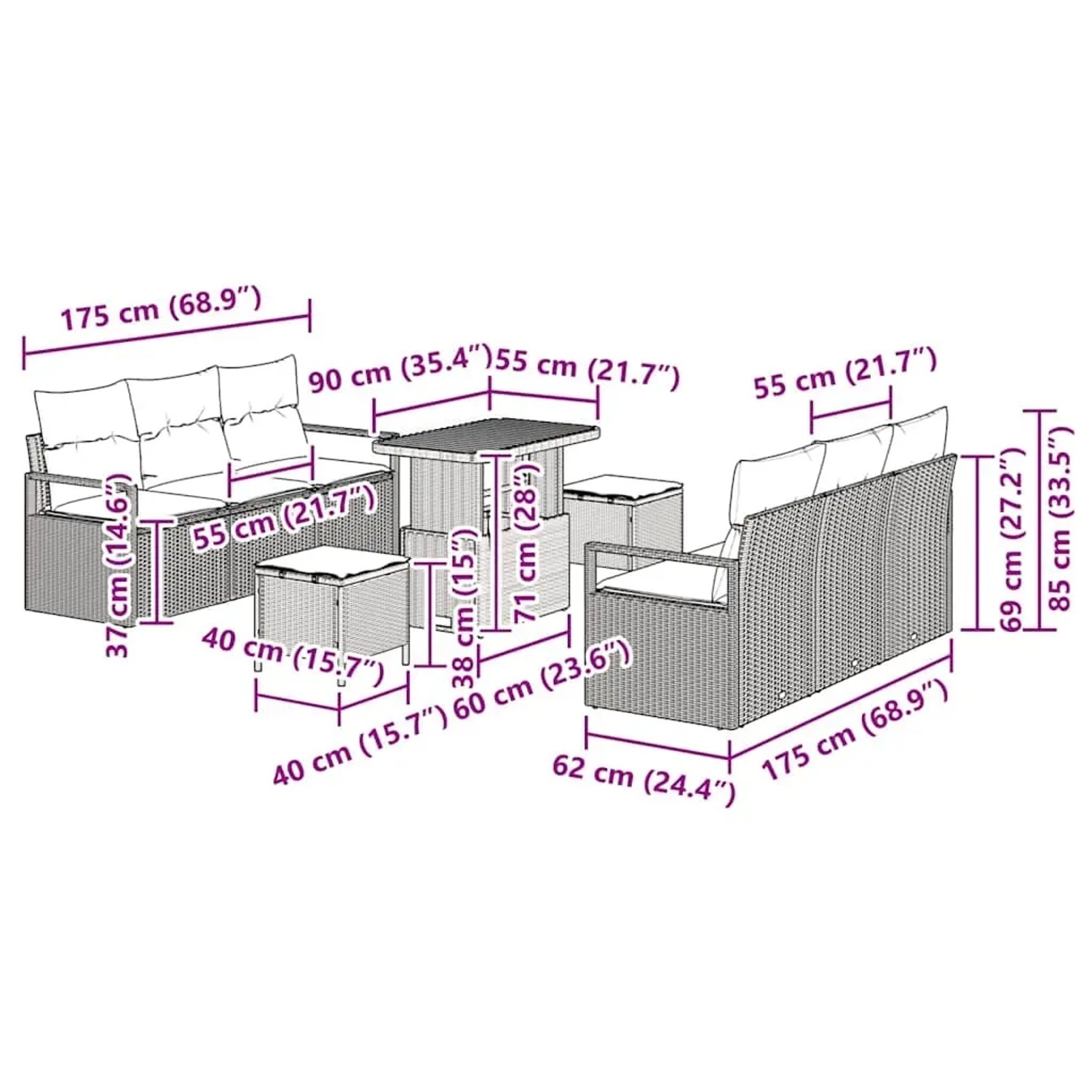 Beiges 9-teiliges vidaXL Garten-Sofa-Set aus Poly Rattan mit Tisch und Hockern.
