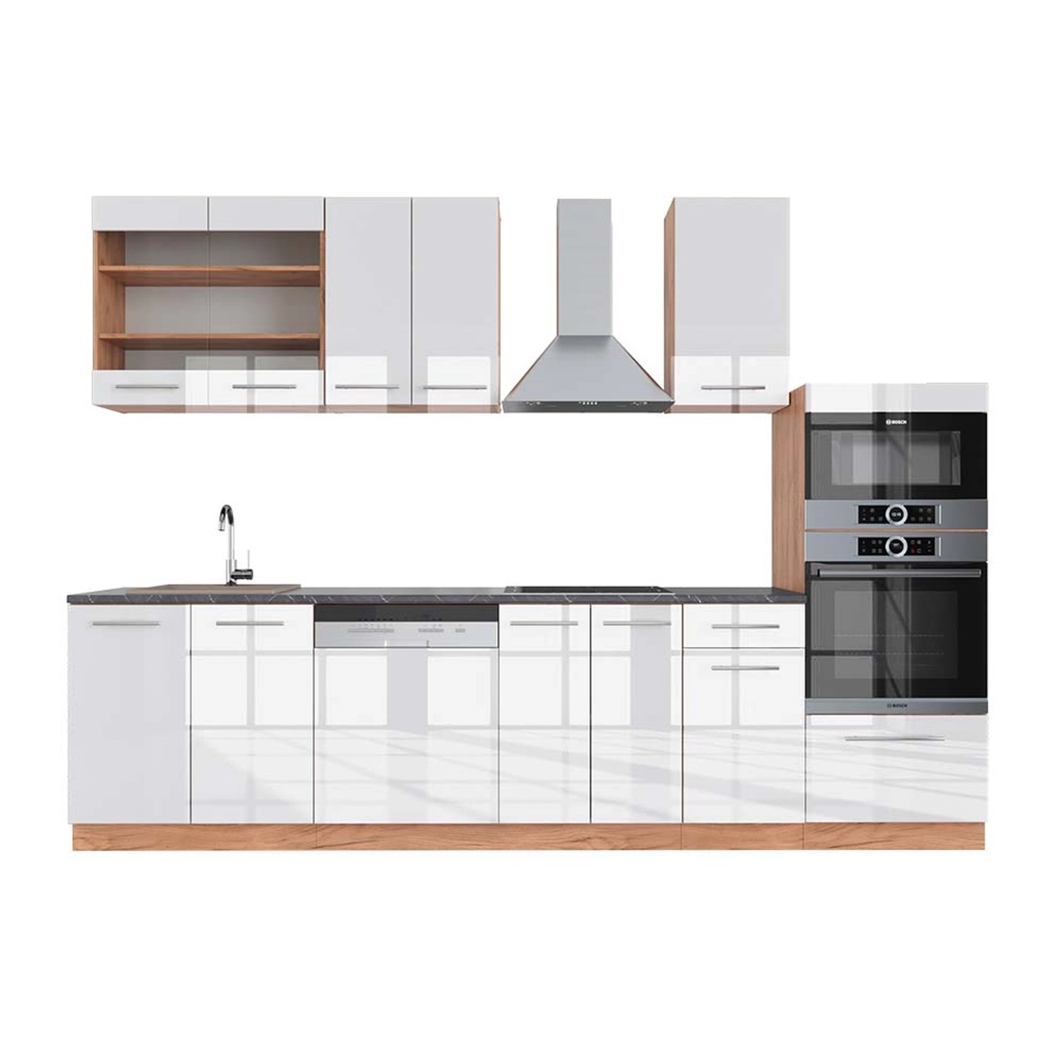 Vicco Fame-Line Küchenzeile Weiß Hochglanz/Goldkraft Eiche 300 cm mit Hochs günstig online kaufen