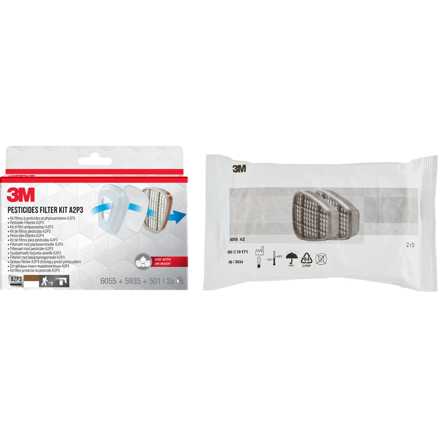 3M Pestizid-Filterkit 6003BC1 A2P3: Filter und Verpackung für Atemschutzmasken.