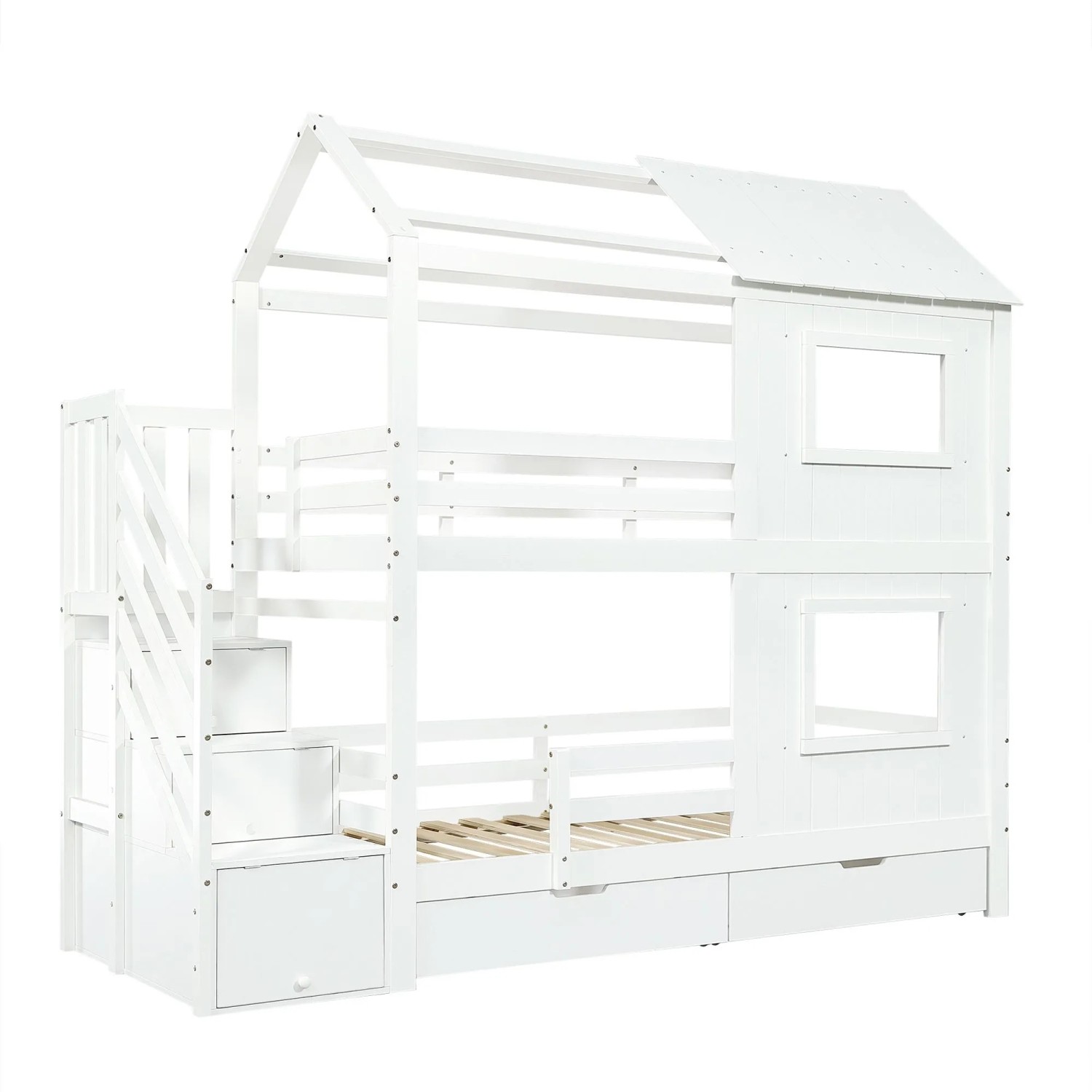 okwish Etagenbett 90x200cm mit Treppenschrank Schublade Fenstern und Dach Weiß ohne Matratze