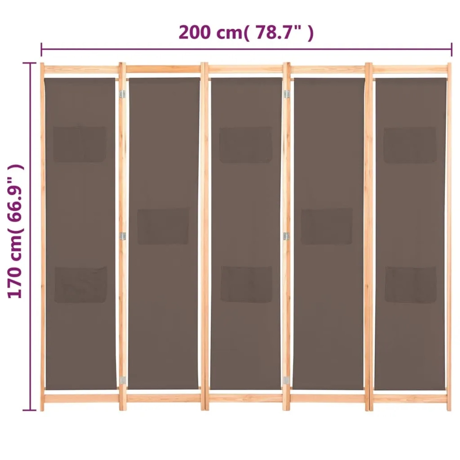 VidaXL Raumteiler, 5-teilig, braun, 200x170cm, Stoff-Trennwand mit Taschen, ideal als Wanddekoration.