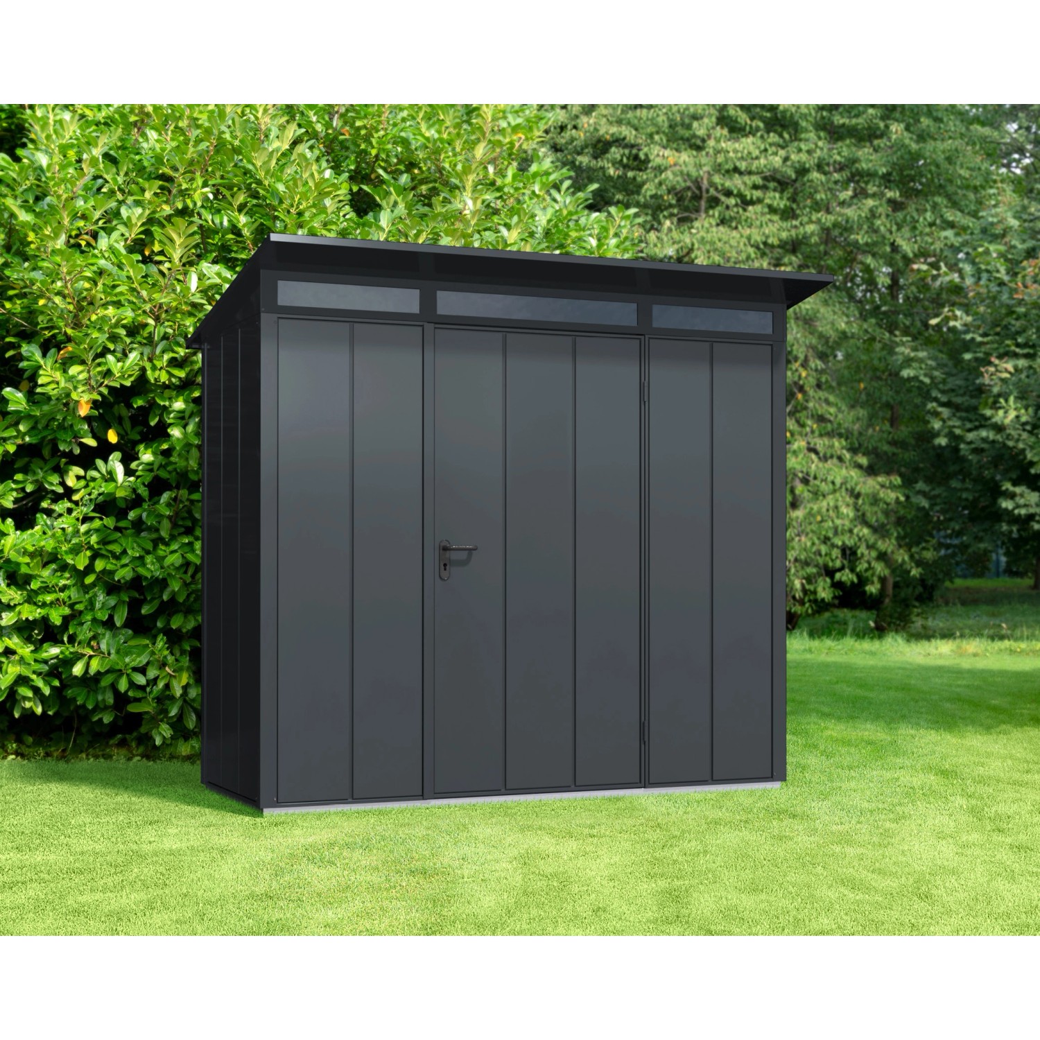 Ecostar Gerätehaus Elegant, Pultdach, anthrazitgrau. Metall Gerätehaus mit Einzeltür im Garten.