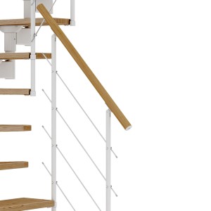 Detailansicht Dolle Mittelholmtreppe Boston mit Eichenstufen und weißem Metallgeländer.
