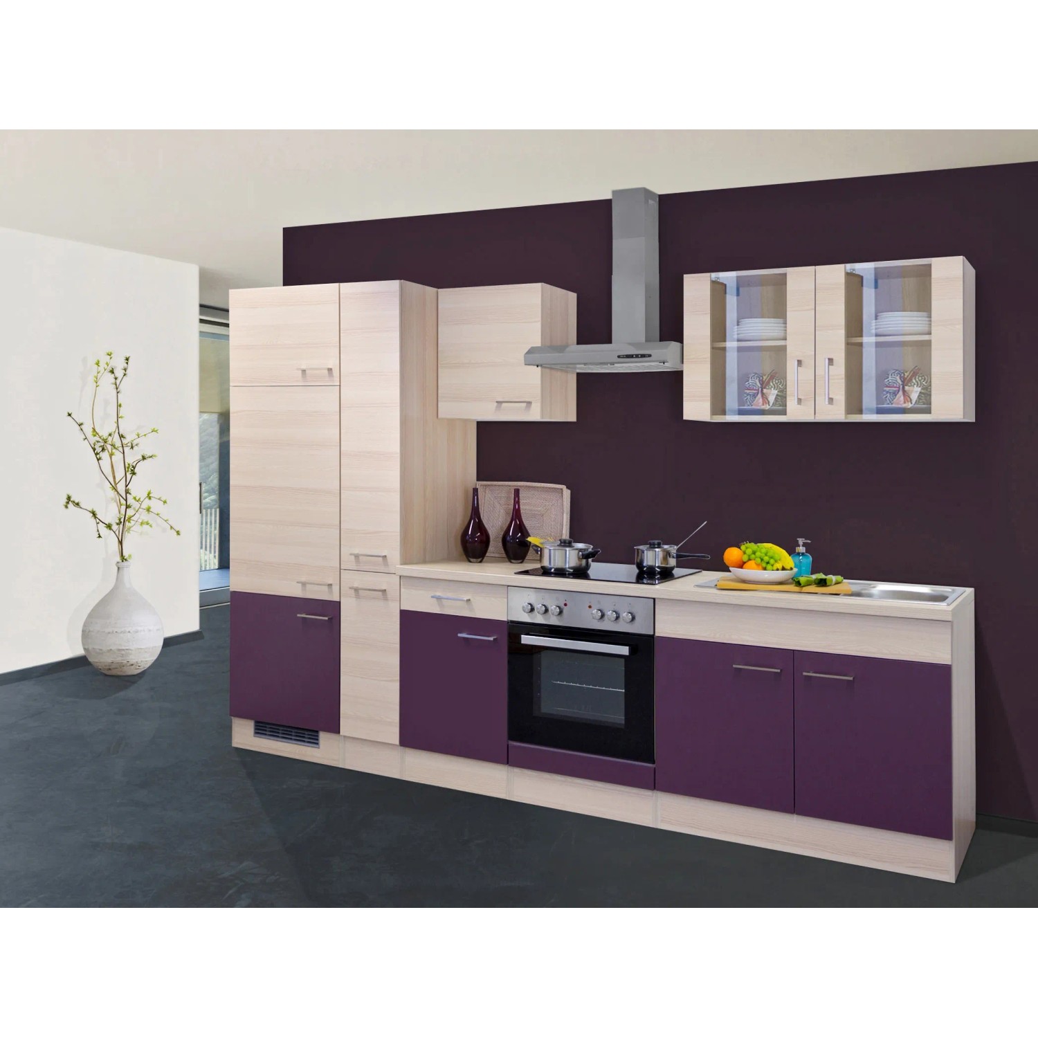 Flex-Well Exclusiv Küchenzeile Focus 300 cm Akazie-Aubergine