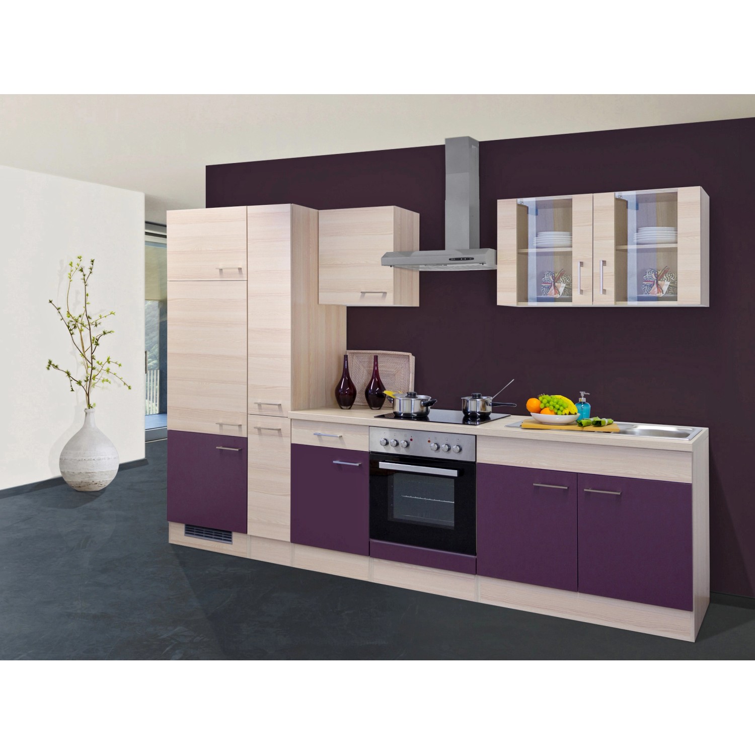 Flex-Well Exclusiv Küchenzeile/Küchenblock Focus 300 cm Akazie-Aubergine