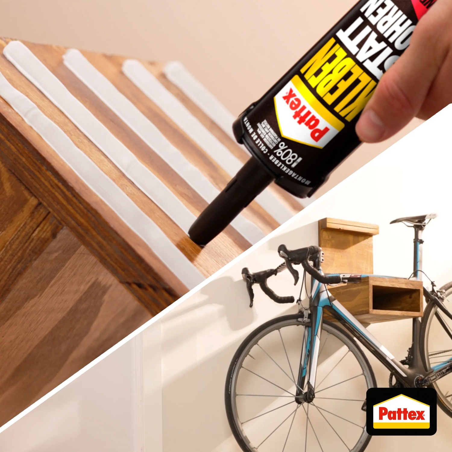 Pattex Montagekleber Kartusche in Anwendung, Fahrrad an Wand montiert.