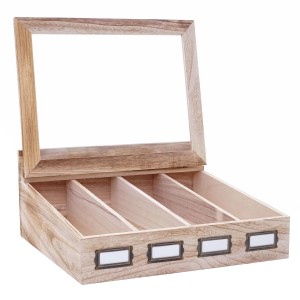MCW Besteckkiste C25 Naturbraun, Aufbewahrungsbox aus Holz mit 4 Fächern und Sichtfenster.