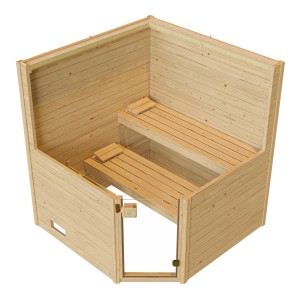 Weka Massivholzsauna Valida Eck mit Glastür, zwei Liegen und Ofenschutz. Naturbelassenes Fichtenholz.