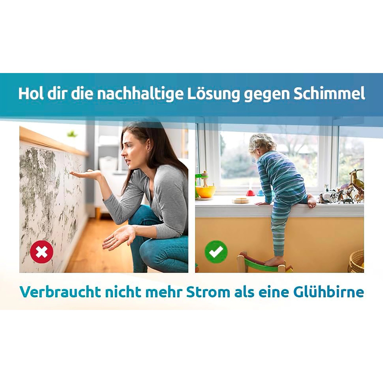 Schimmel Dry Basismodul M1: Vergleich von Wand mit Schimmelbefall und schimmelfreier Wand mit Kind.