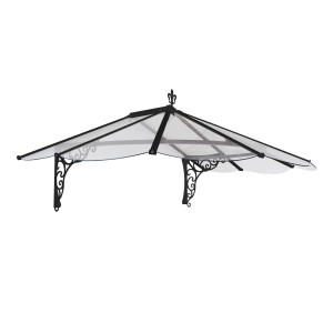 Schwarzes Palram Canopia Vordach Iris mit klarer Acrylglas-Eindeckung und filigranen Verzierungen.