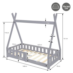 ML-Design Kinderbett Tipi 70x140 cm, hellgrau, mit Matratze und Rausfallschutz, Maße