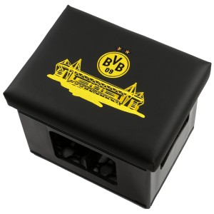 Schwarzer Bierkastensitz mit BVB-Logo aus Kunstleder, ideal für Garten und Partykeller.