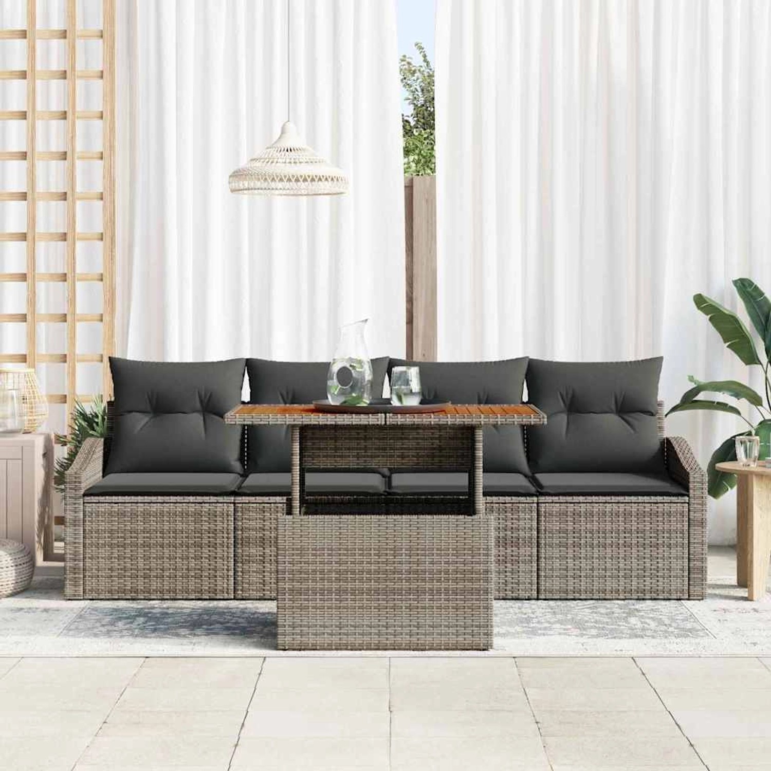 Graues 5-teiliges vidaXL Gartensofa-Set aus Rattan mit Tisch und Kissen.