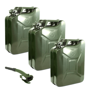 3 olivgrüne Holmwerk Kraftstoffkanister (20 Liter) aus Metall mit Ausgießer.