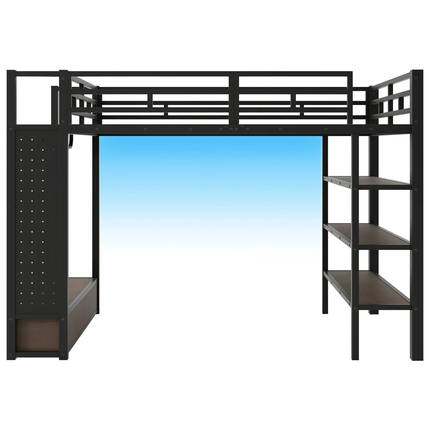 Merax Metall Hochbett 140x200 cm Mit Offenem Kleiderschrank Ablagefächern Lochwand LED Schwarz