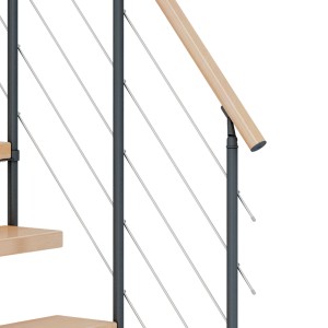 Detailansicht: Dolle Mittelholmtreppe Dublin Buche Anthrazit mit Edelstahlgeländer.