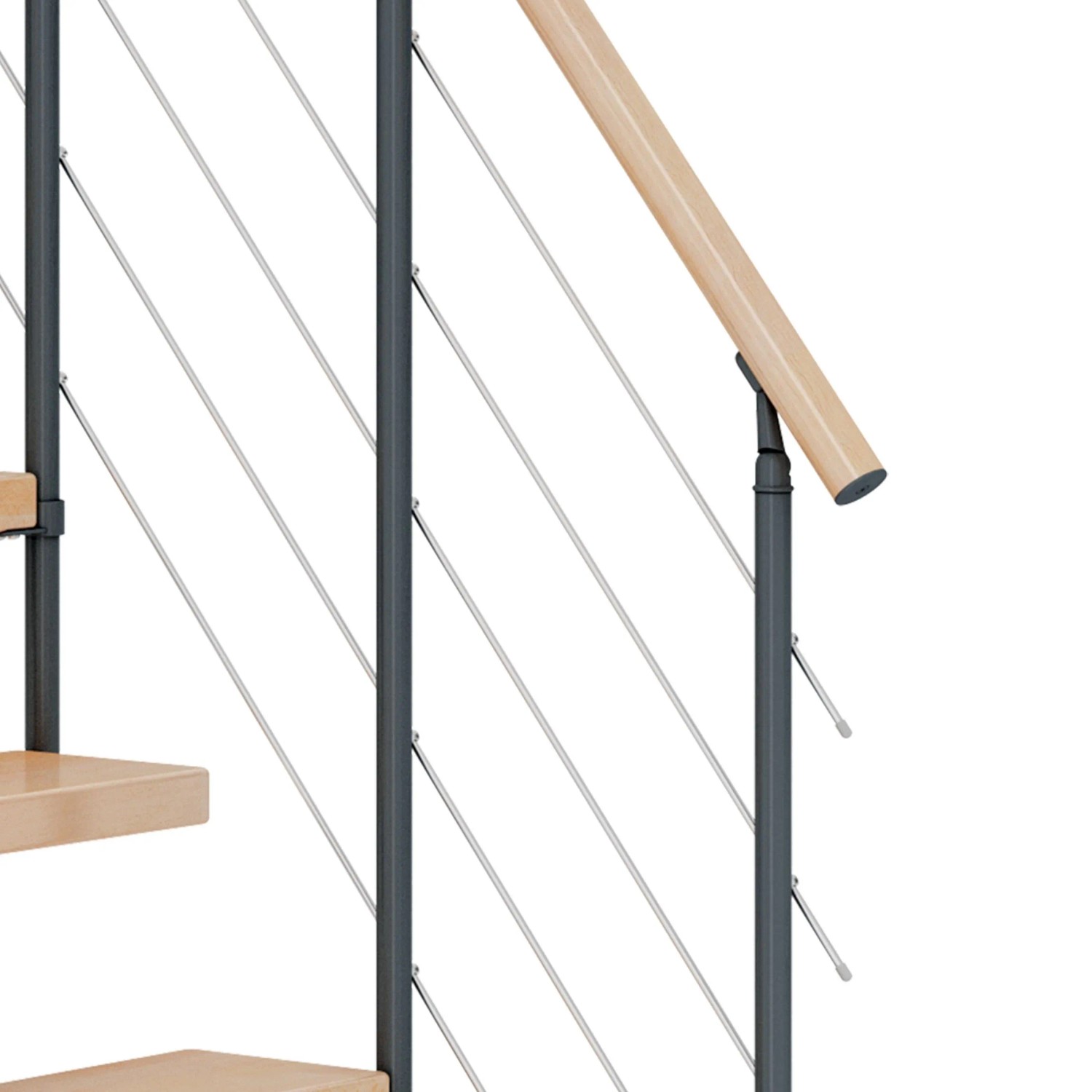 Detailansicht: Dolle Mittelholmtreppe Dublin Buche Anthrazit mit Edelstahlgeländer.