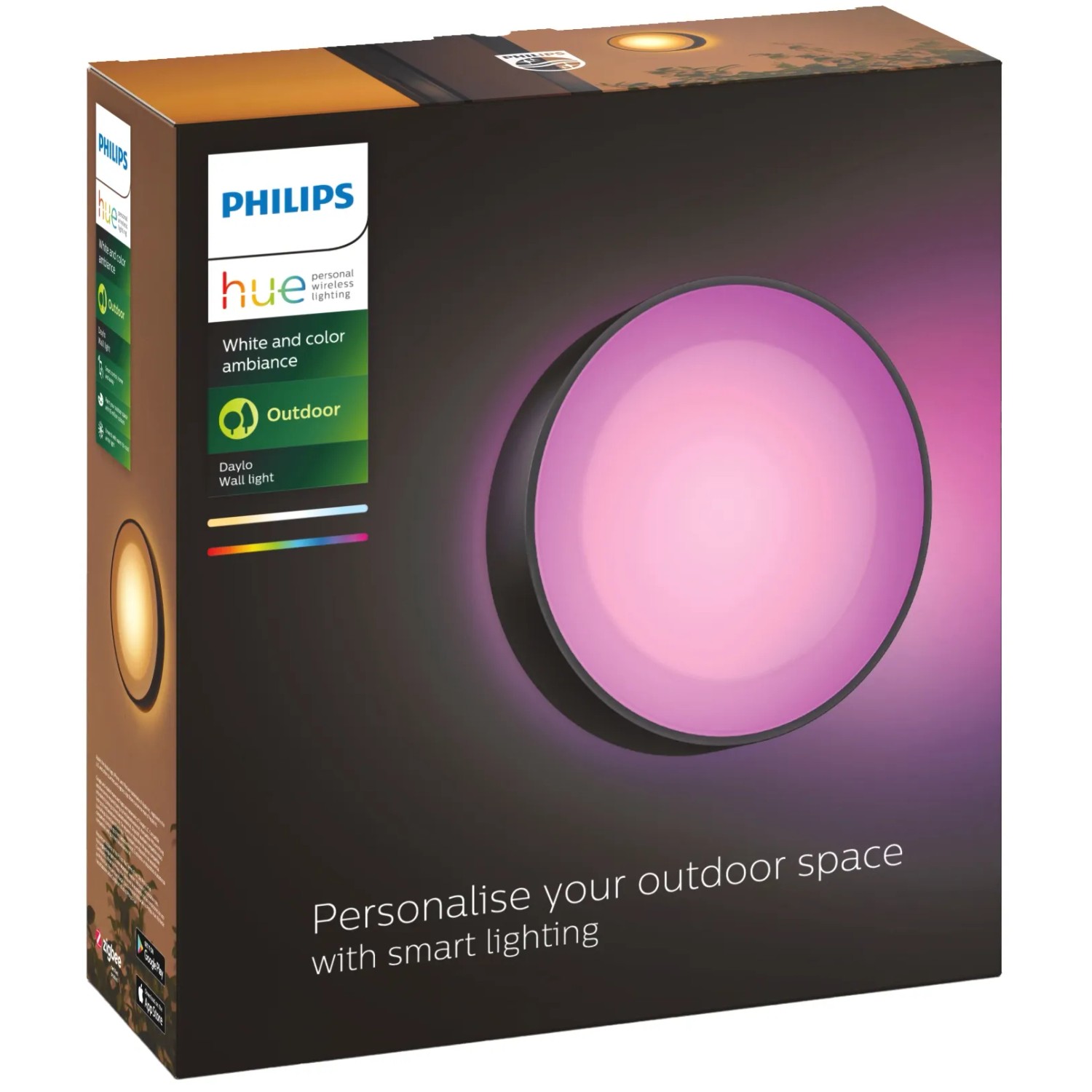 Verpackung der Philips Hue Daylo Wandleuchte in Schwarz, mit Farbbeispiel.