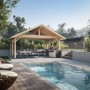 Palmako Doppelcarport Robert aus Holz, tauchgrundiert in Braun, mit Pool und Gartenmöbeln.