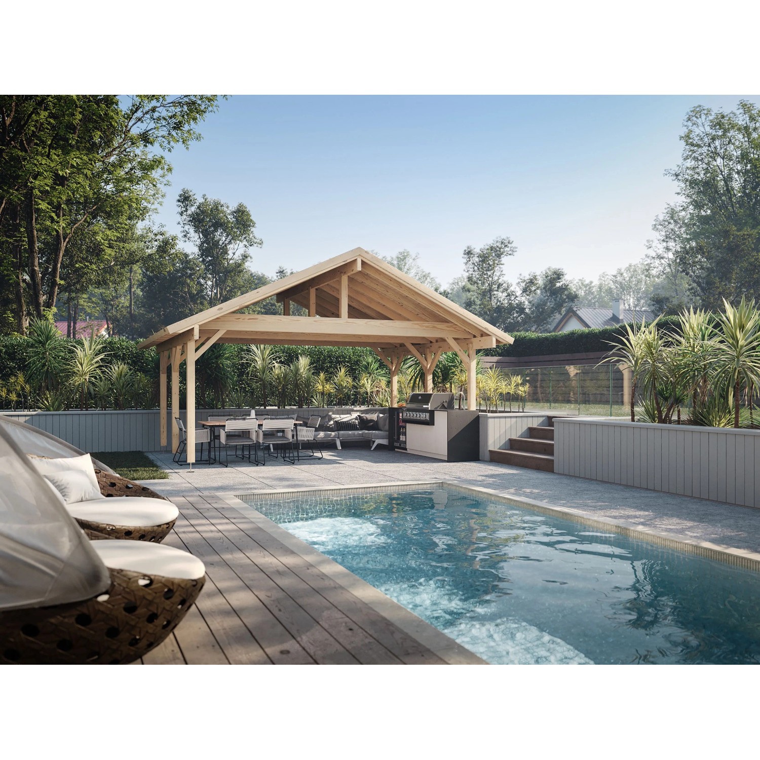 Palmako Doppelcarport Robert aus Holz, tauchgrundiert in Braun, mit Pool und Gartenmöbeln.