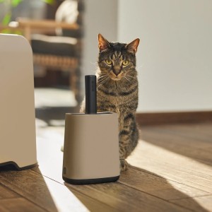 Rotho Schaufel Biala mit Halter in Cappuccino für Katzenklos, mit Katze im Hintergrund.
