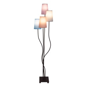 Bunte Näve Boho Stehleuchte mit 4 Lampenschirmen in Blau, Lila, Beige und Terra.