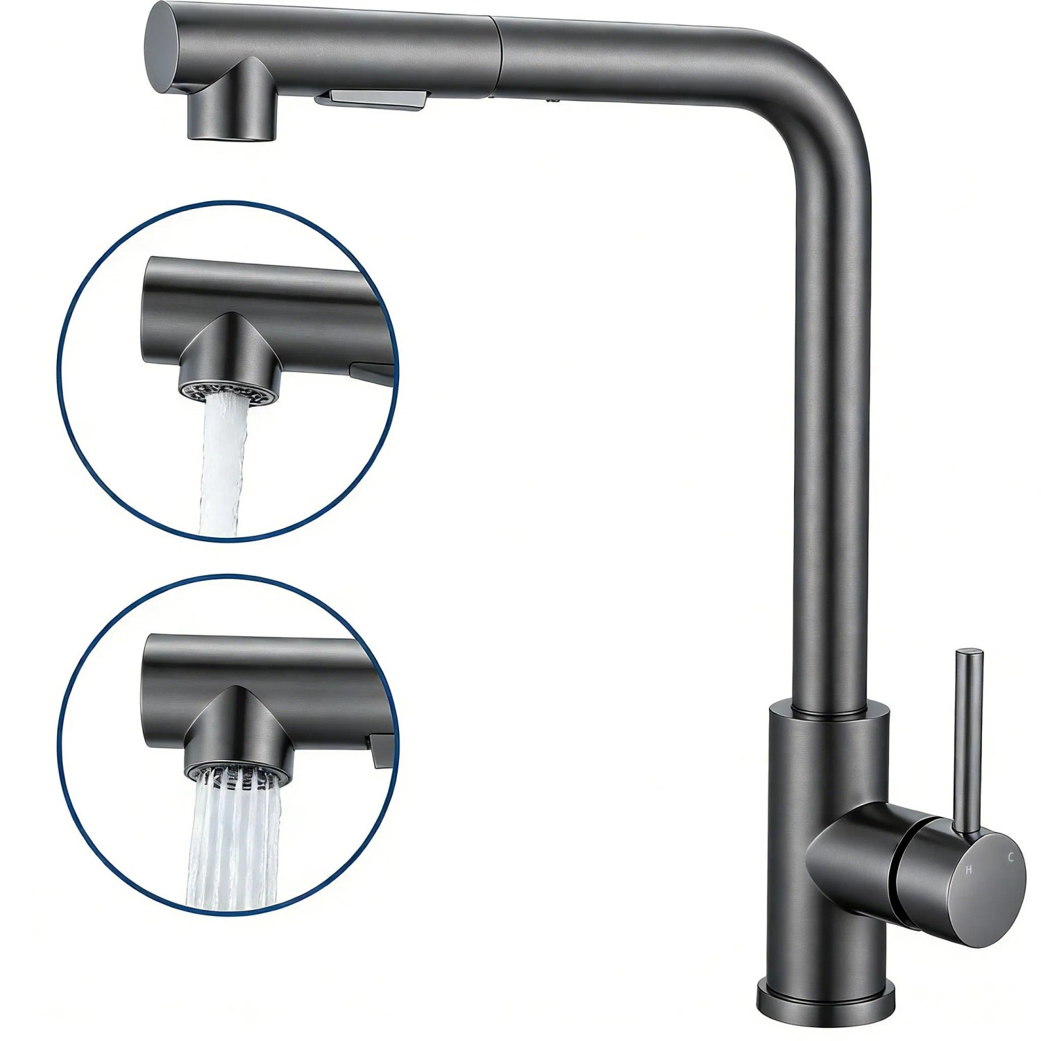 AICA Küchenarmatur Ausziehbar Wasserhahn Küche L-förmige Mischbatterie Hochdruck Zwei Sprühfunktionen 360° Schwenkbar Spültischarmatur Gunmetal Grey