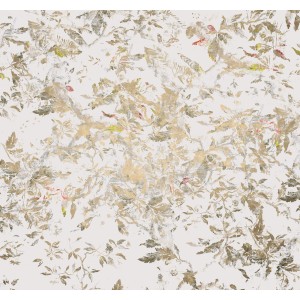 Komar Vlies Fototapete Golden Feathers, 400x280 cm, mit goldenem Blätter-Motiv.