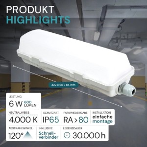 Weiße Luxula LED Feuchtraum Wannenleuchte, 32 cm, 6W, 4000K, IP65, mit Schnellverbinder.