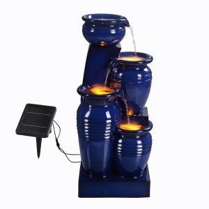 4-stufiger Solar-Gartenbrunnen (73 cm) in Marineblau mit LED-Beleuchtung.