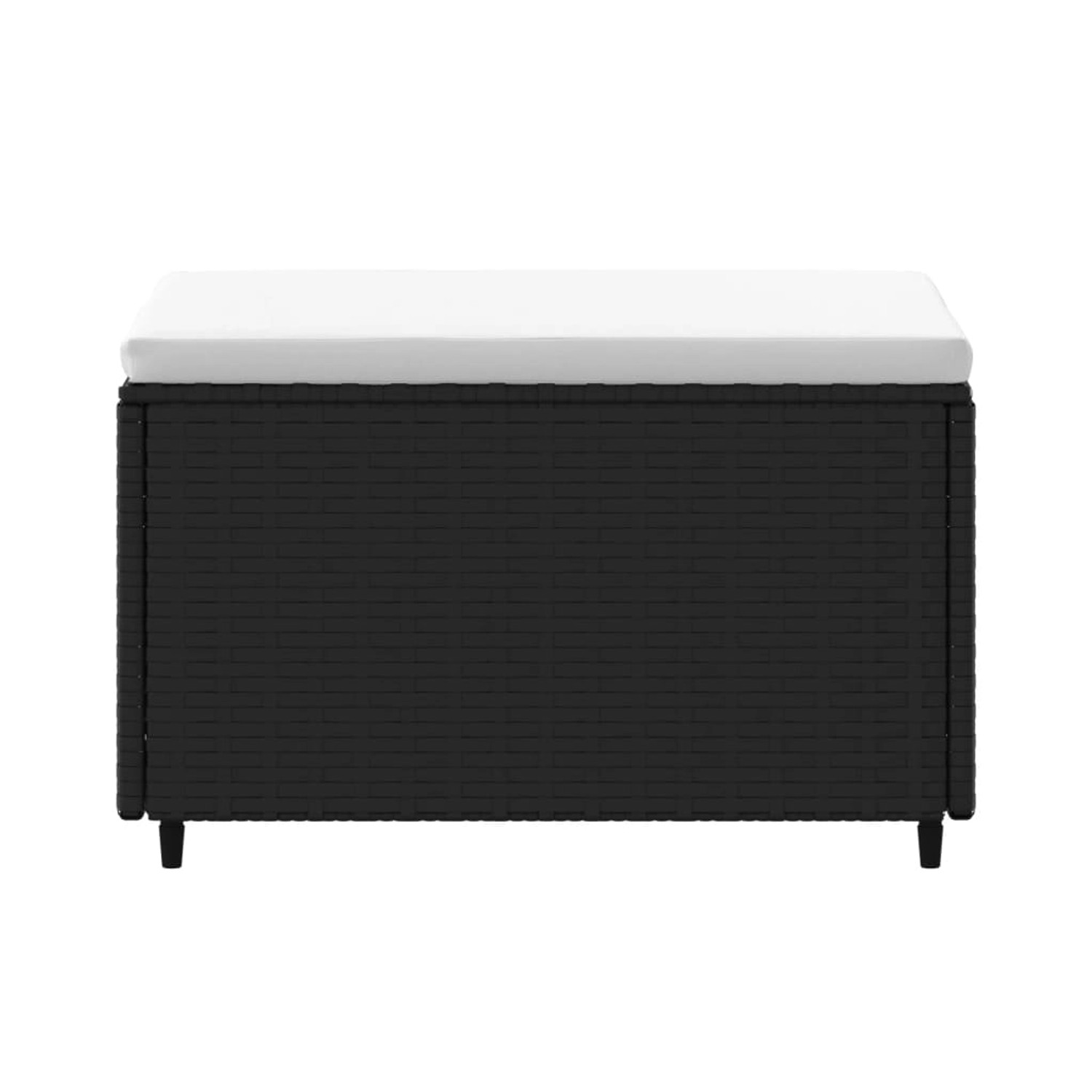 2er Set schwarze Gartenhocker aus Rattan mit cremeweißen Kissen.