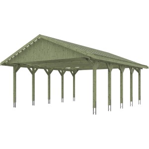 Satteldach-Carport Wallgau, Doppelcarport aus grünem Holz mit Dachlattung für Dachziegel.