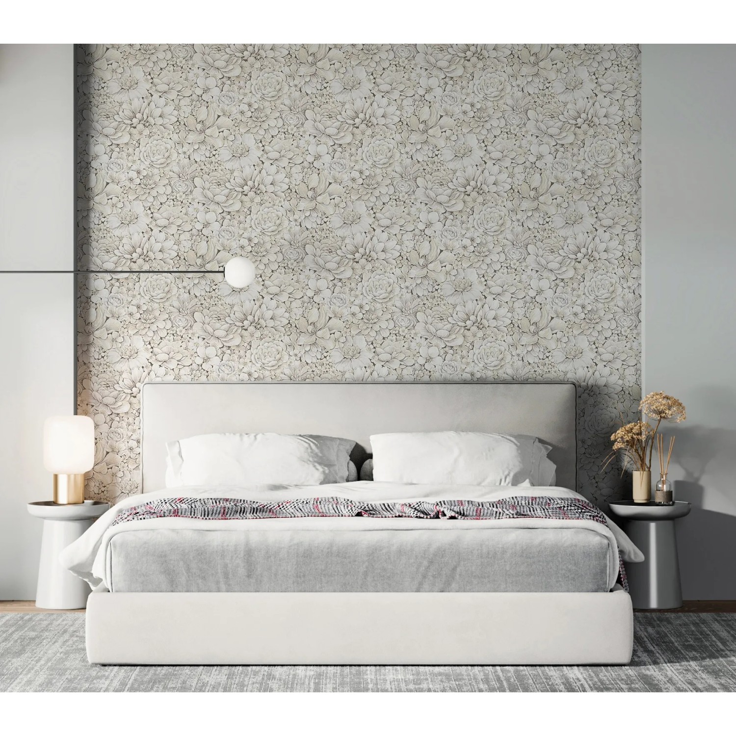 Schlafzimmer mit Marburg Vliestapete Botanica 2, Floral Grau-Beige. Dekorative Tapete mit Pflanzenmuster.
