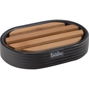 Schwarze baliv Seifenschale aus Keramik mit Bambus-Abtropfgitter und Rillenmuster.