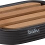 Schwarze baliv Seifenschale aus Keramik mit Bambus-Abtropfgitter und Rillenmuster.