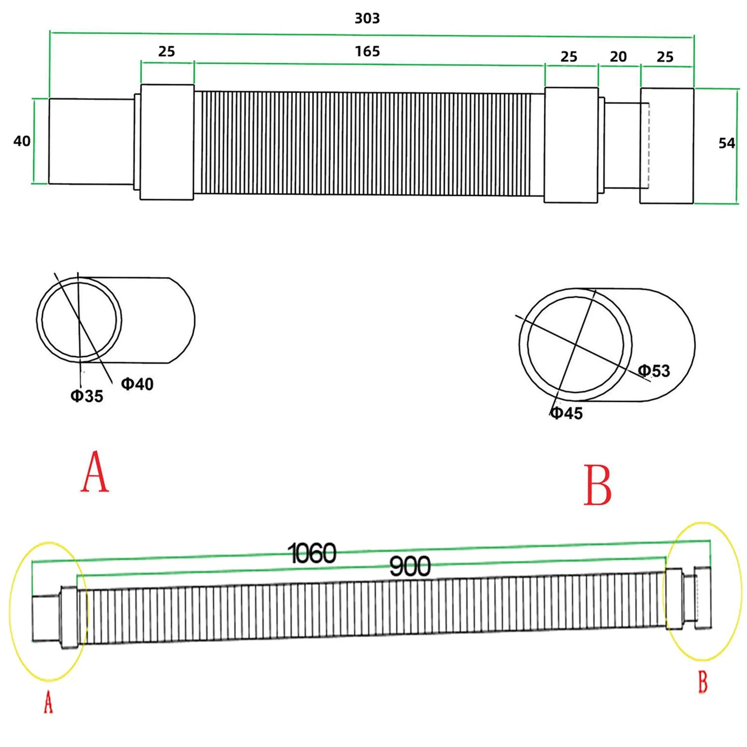 Technische Zeichnung Ablaufschlauch für AICA Duschtasse, Maße und Details.