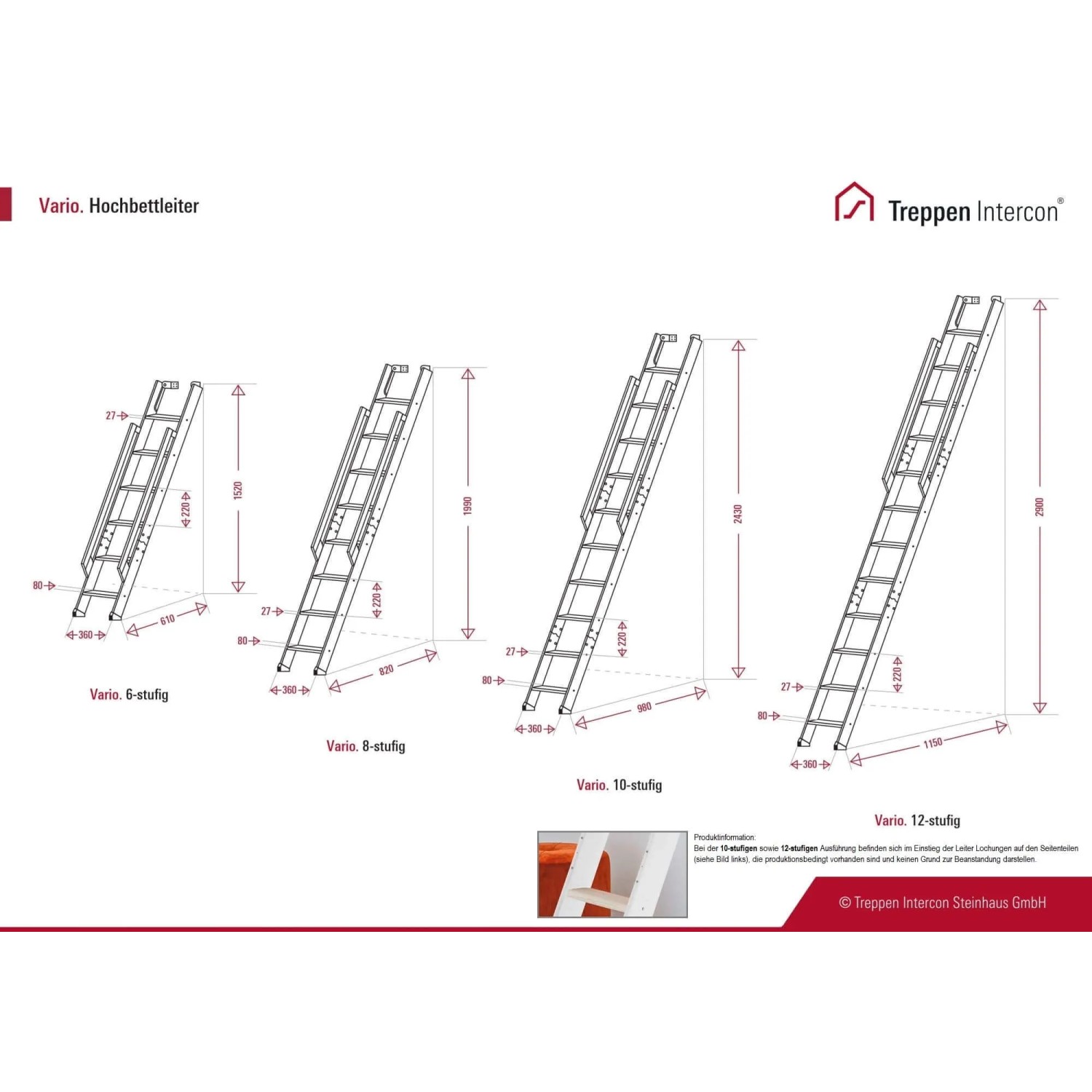 Treppen Intercon Vario Raumspartreppe: Technische Zeichnung mit 6, 8, 10, 12 Stufen und Maßen für Innentreppen.