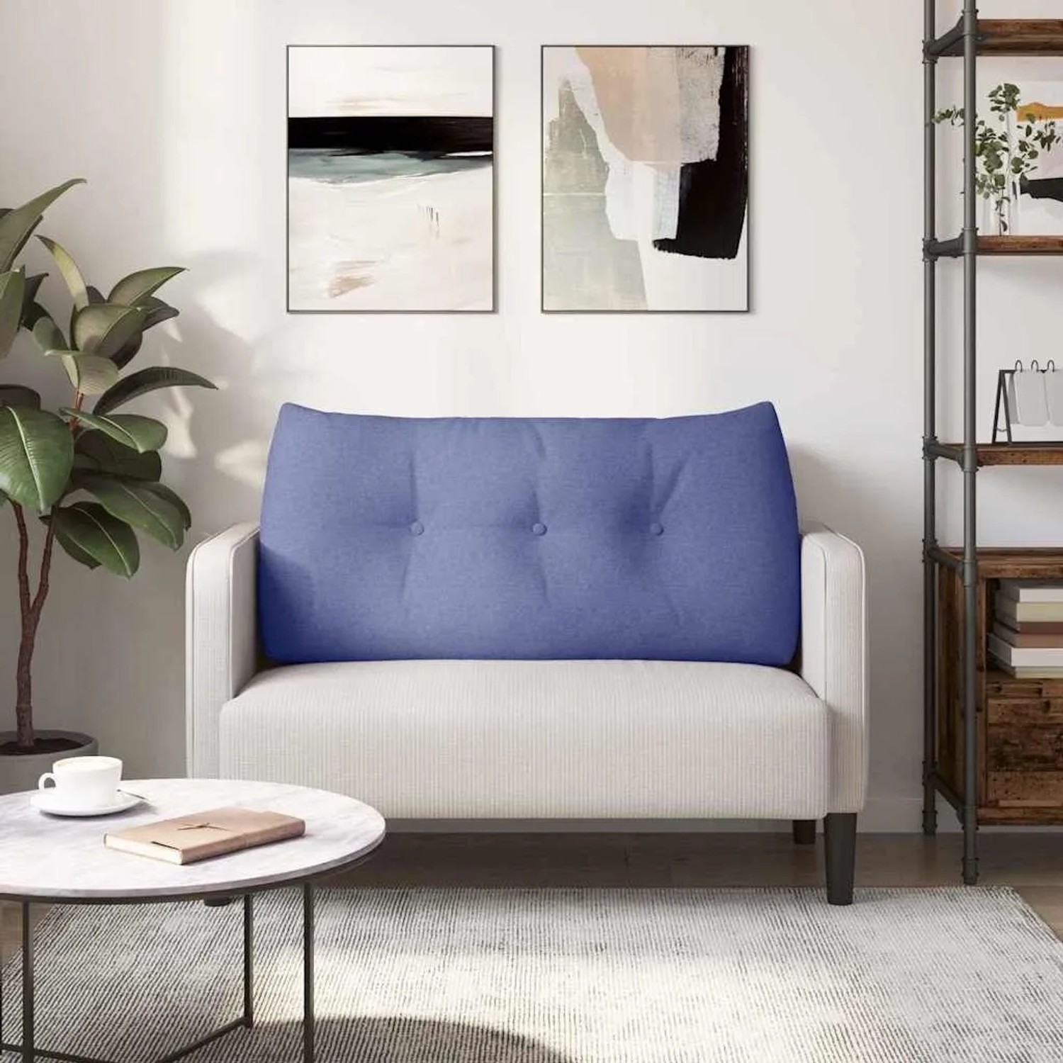 Jeansblaues vidaXL Rückenkissen aus Stoff, 100x50 cm, mit Knöpfen, auf hellem Sofa.