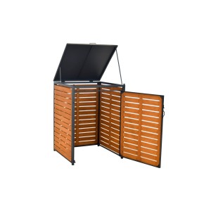 Merxx Mülltonnenbox aus Akazie und Aluminium, mit geöffnetem Deckel und Tür.