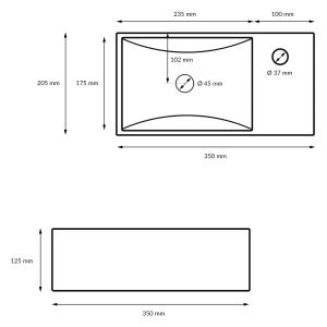 Technische Zeichnung: ECD Germany Waschbecken, Keramik, weiß, 350x205x125 mm, eckig, mit Ablaufgarnitur.