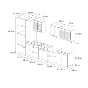 Skizze der Vicco R-Line Küchenzeile 350 cm in Artisan-Eiche/Goldkraft Eiche mit Maßen.