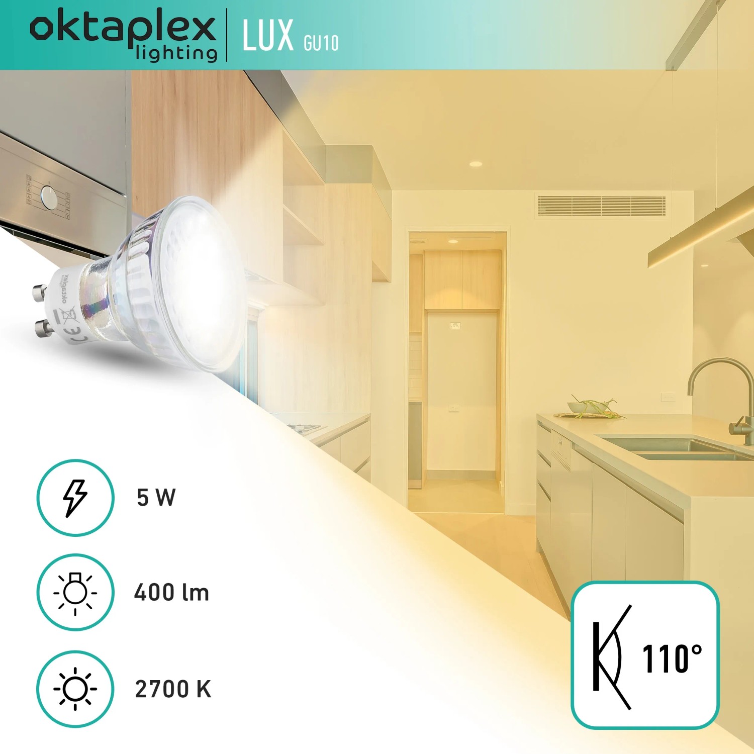 Oktaplex Lux GU10 LED Set, dimmbar, 2700K warmweiß, 5W, für Deckenleuchten.