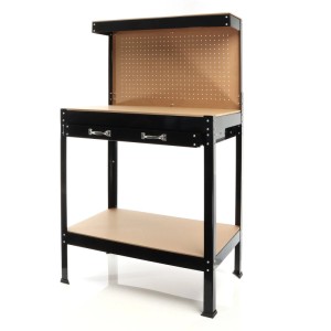 Schwarze Wiltec Werkbank mit heller MDF-Arbeitsplatte, Schublade, Lochwand und Ablage für Werkstatt & Garage.